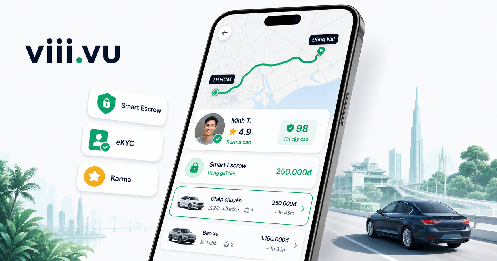 Mockup app viii.vu hiển thị bản đồ tuyến đi, điểm Karma và Smart Escrow